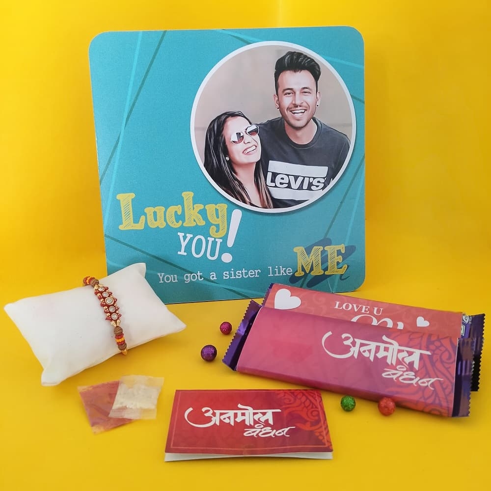 Personalized Lucky Me Photo Frame with Chocolates and Rakhi Gift Hamper for Brother