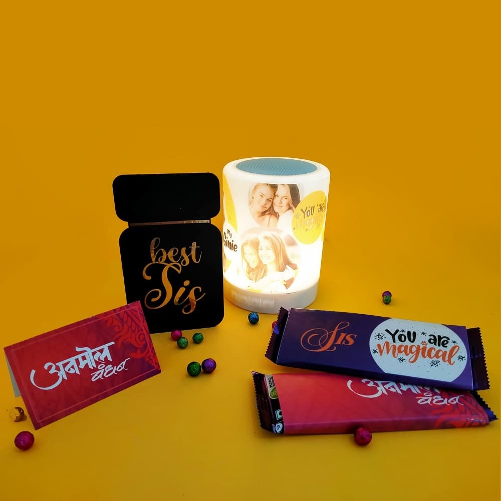 Personalized Bluetooth LED Lamp with Fridge Magnet and 2 Chocolate Rakhi Gift Hamper for Sister