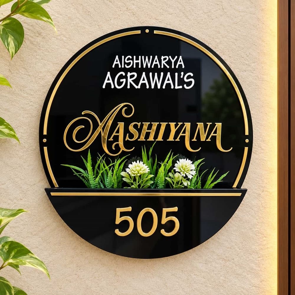 Custom Black & Golden Acrylic Nameplate with Artificial Flowers
