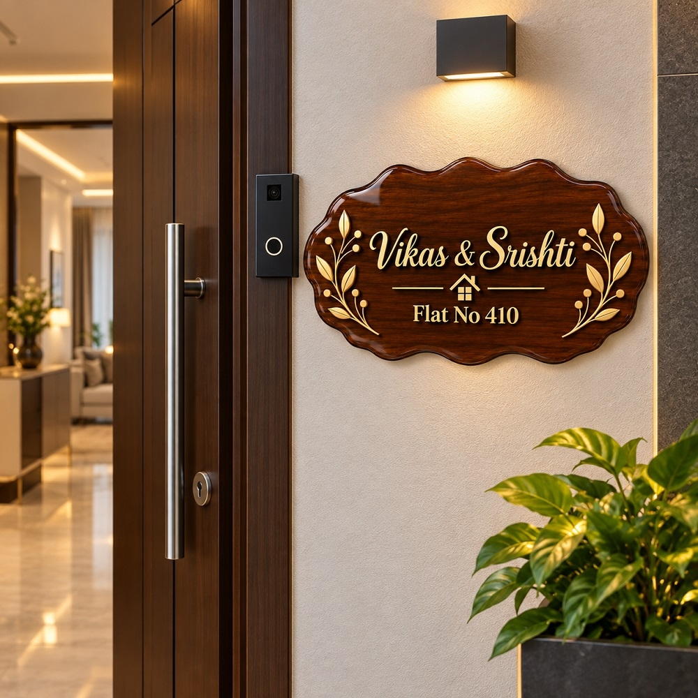 Custom Walnut MDF Nameplate with Golden Acrylic