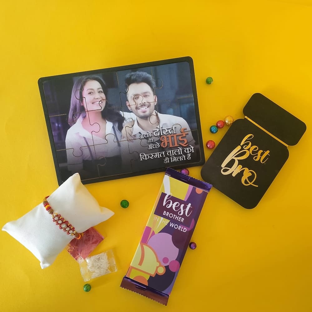 Personalized Puzzle with Fridge Magnet and Rakhi Gift Hamper for Brother