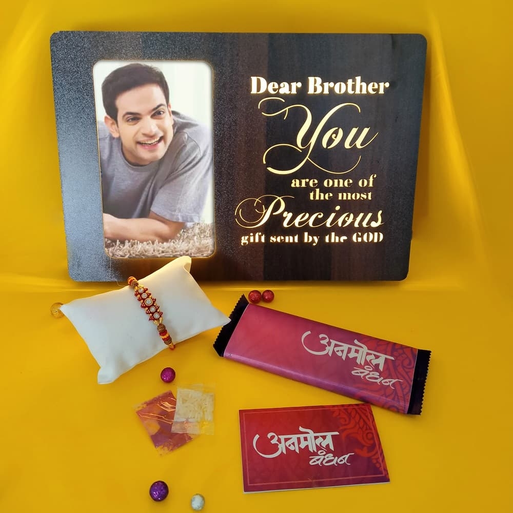 Personalized LED Lamp with Chocolate and Rakhi Gift Hamper for Brother