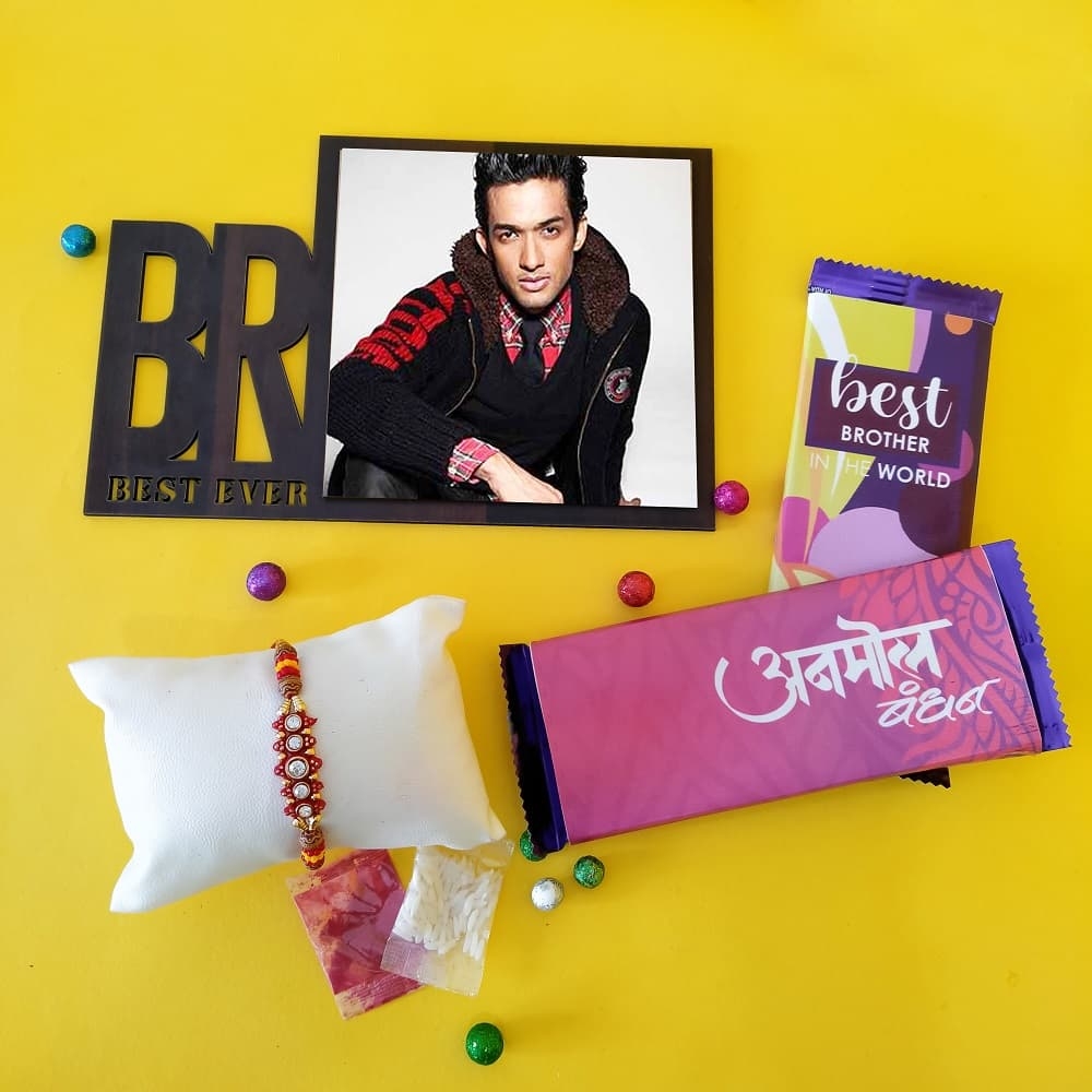 Personalized Bro Photo Frame with 2 Chocolates Rakhi Gift Hamper for Brother