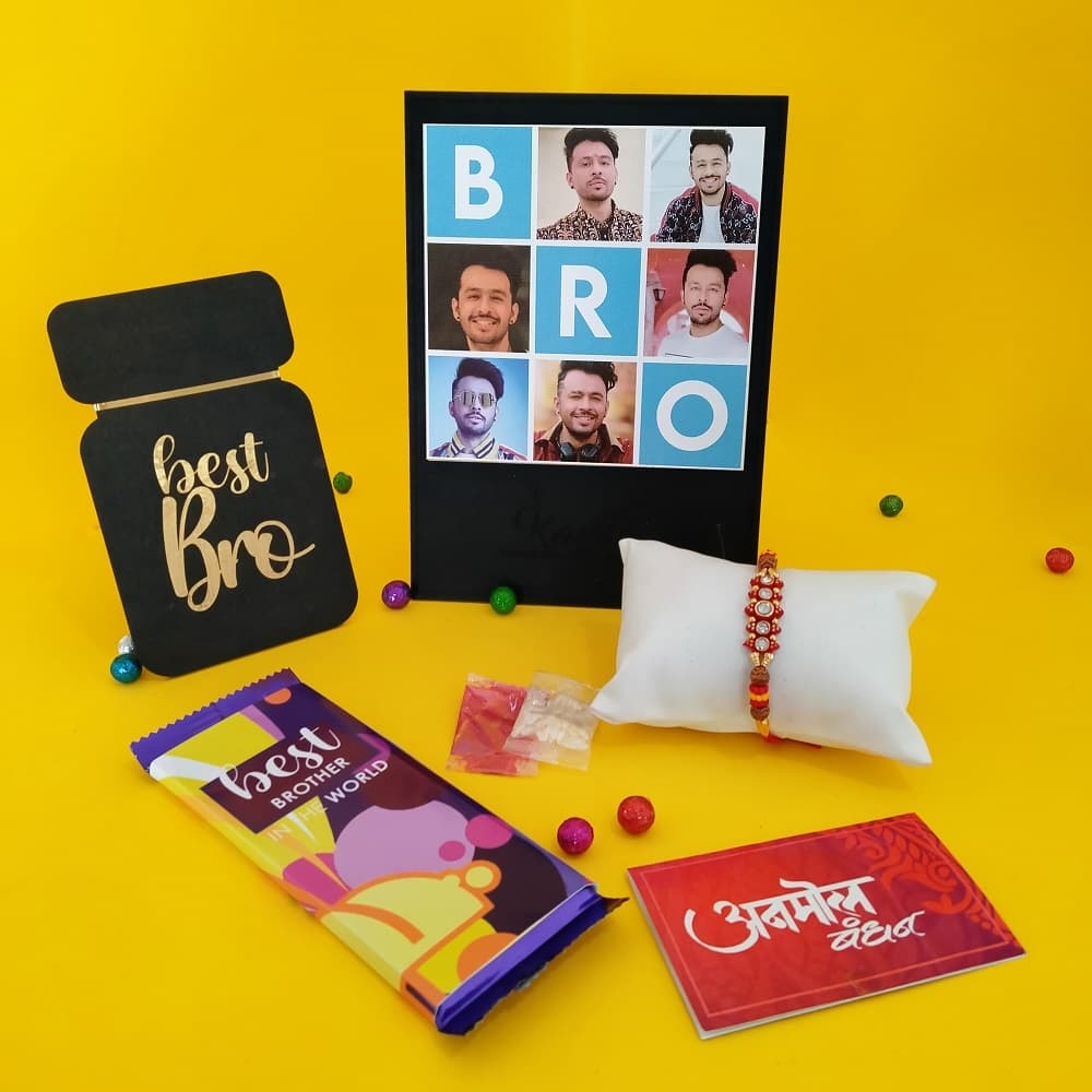 Personalized Bro Photo Frame with Fridge Magnet Rakhi Gift Hamper for Brother