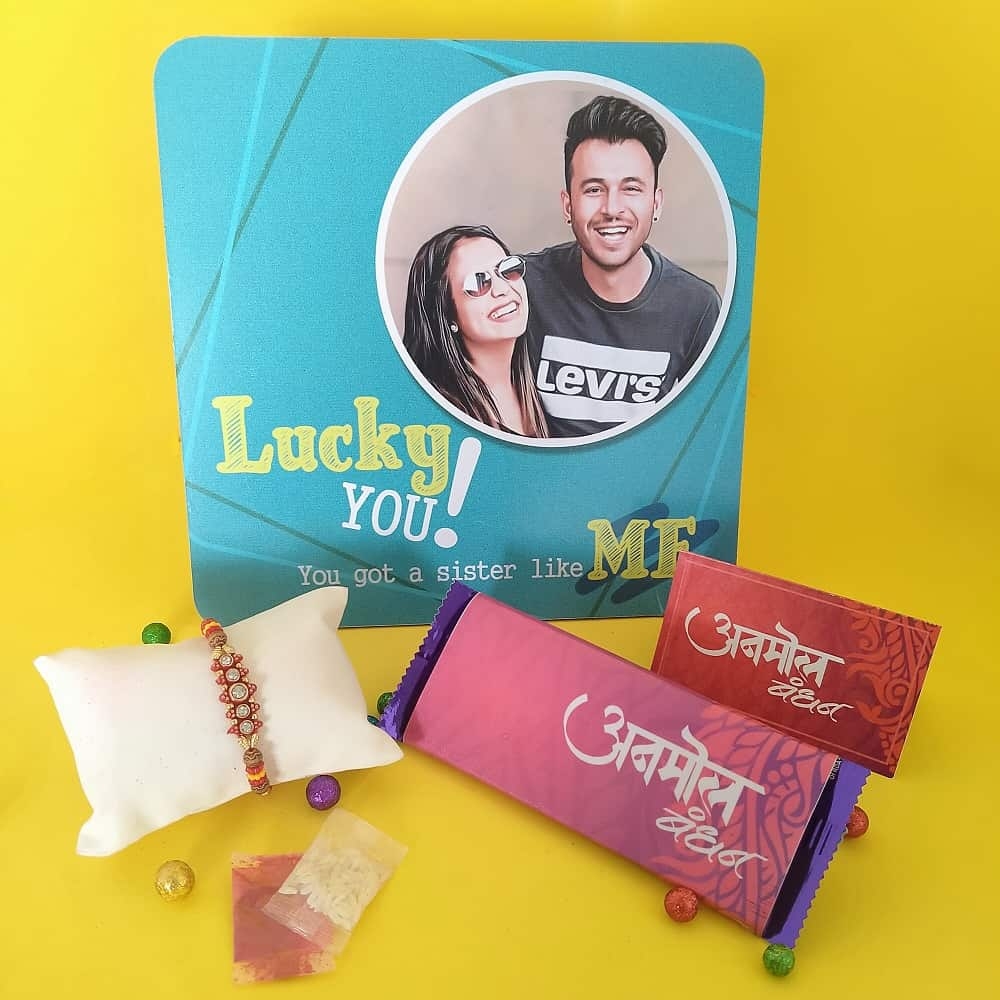 Personalized Lucky Me Photo Frame Rakhi Gift Hamper for Brother