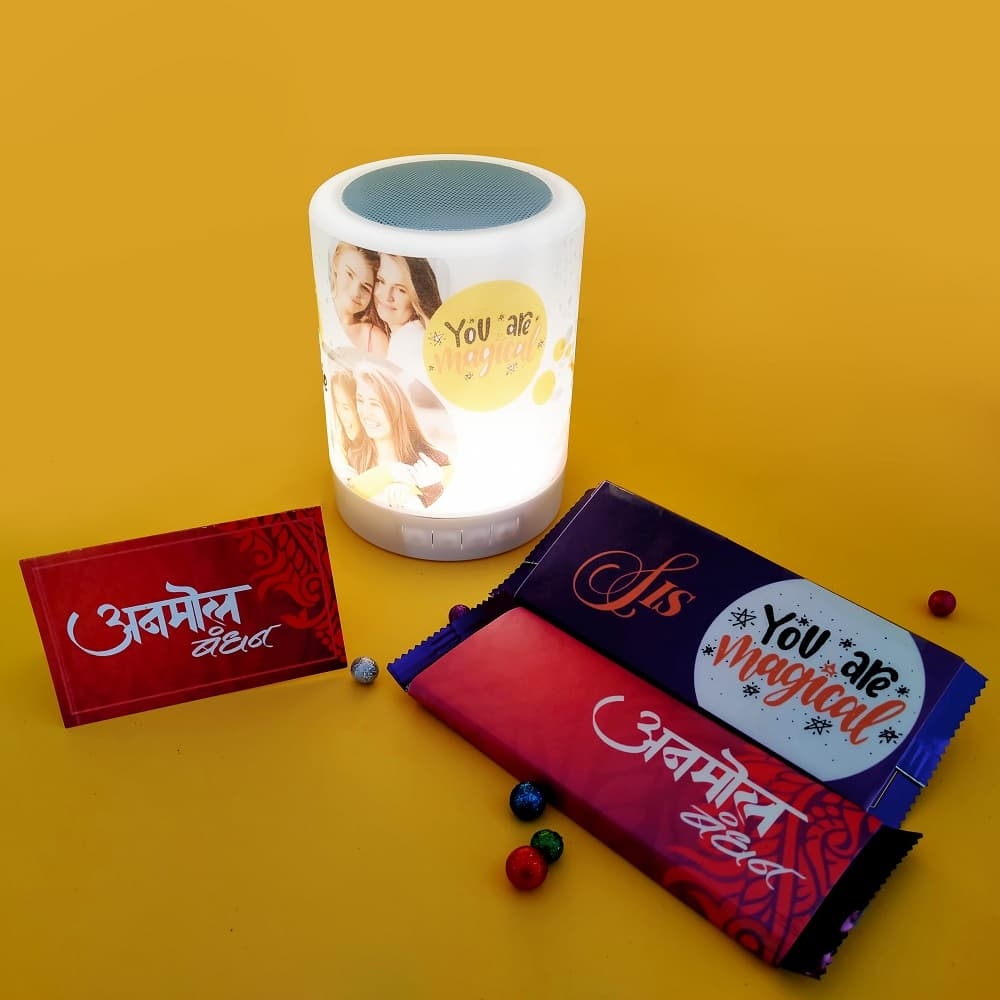 Personalized Bluetooth LED Lamp with 2 Chocolate Rakhi Gift Hamper for Sister