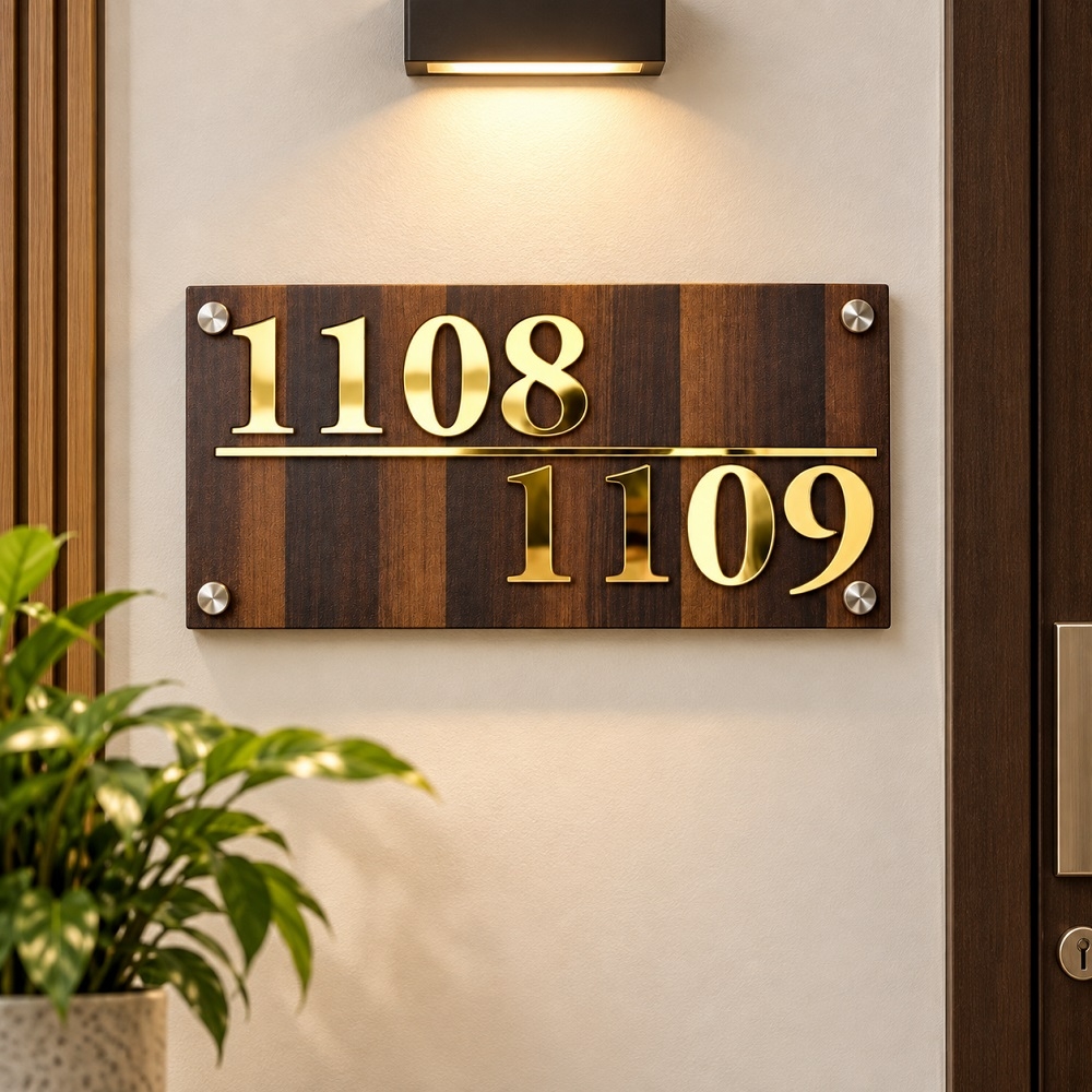 Personalized Flat Number Walnut Laminated MDF Nameplate