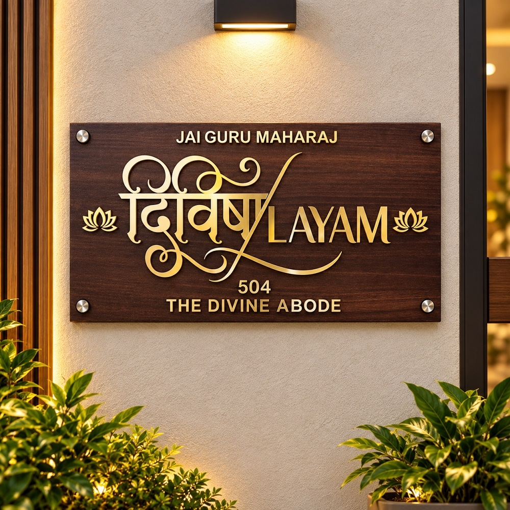 Personalized Divine Abode Walnut Laminated MDF Nameplate