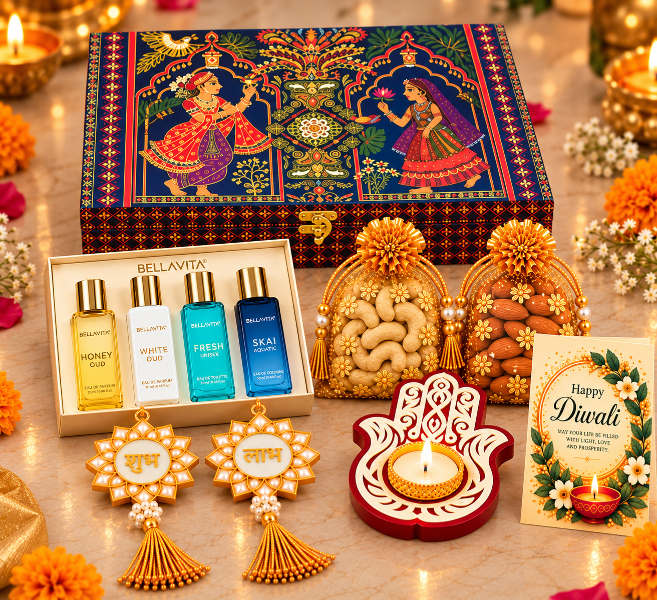 Designer Gift Hamper with Roasted Dry Fruits and Perfume Set