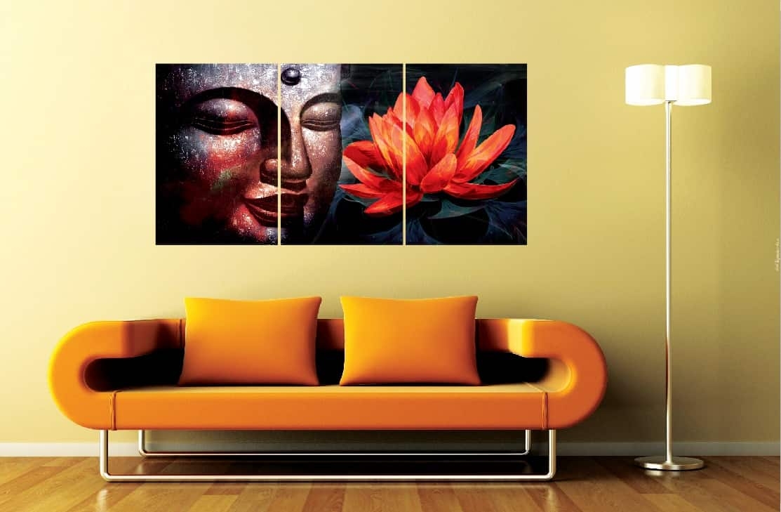 Buddha with Red Flower Set of 3 Wall Mounted Panels