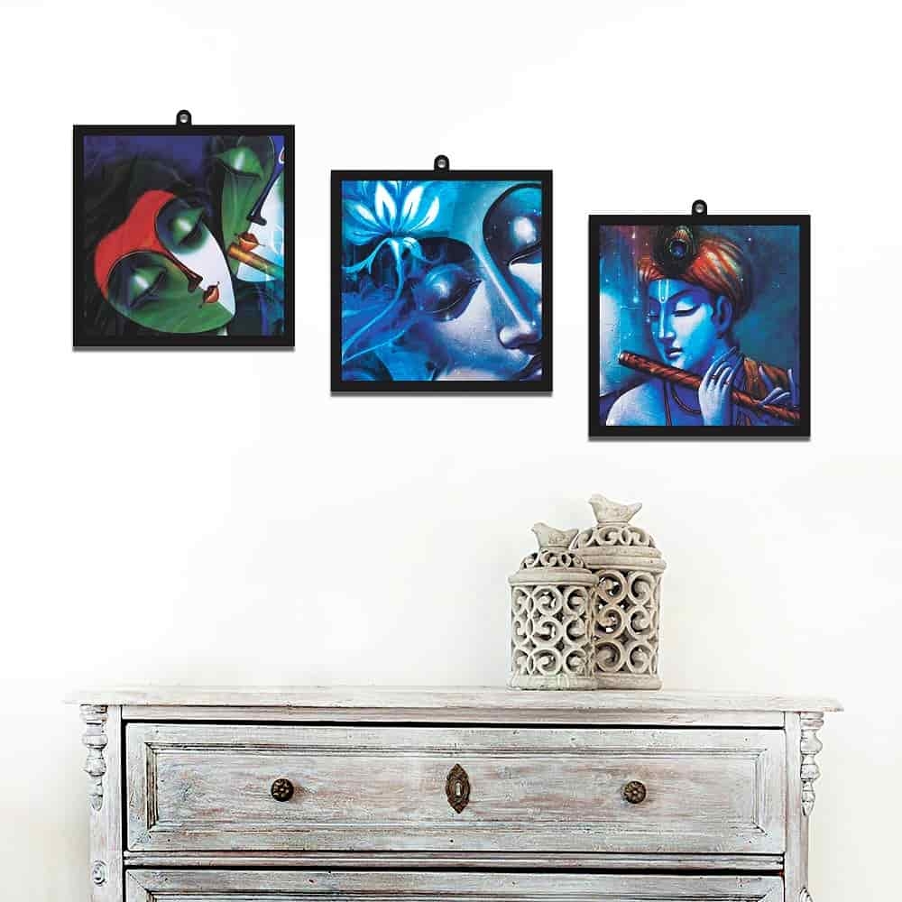 Krishna With Flute Set Of 3 Wall Art Panels